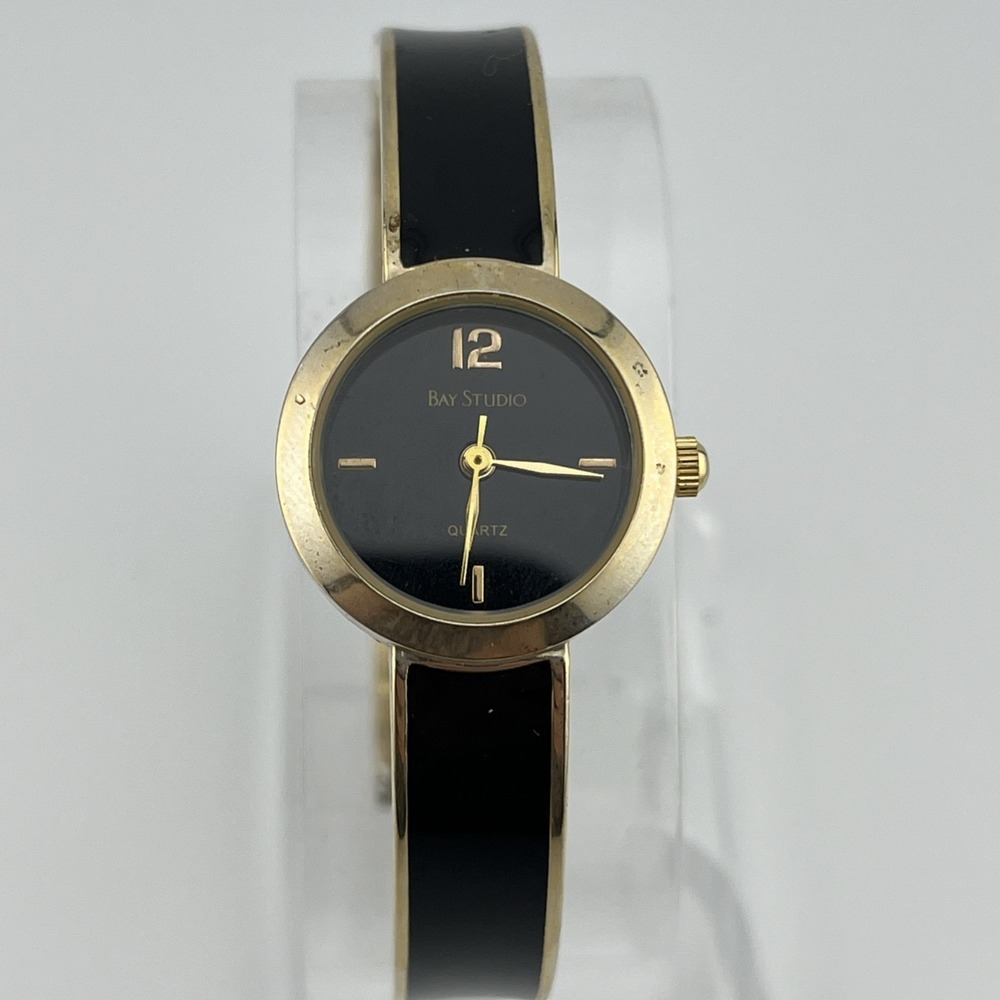 Bay Studio Watch Women 22mm Case Black & Gold Hinge‎ Bangle Band- New Battery
